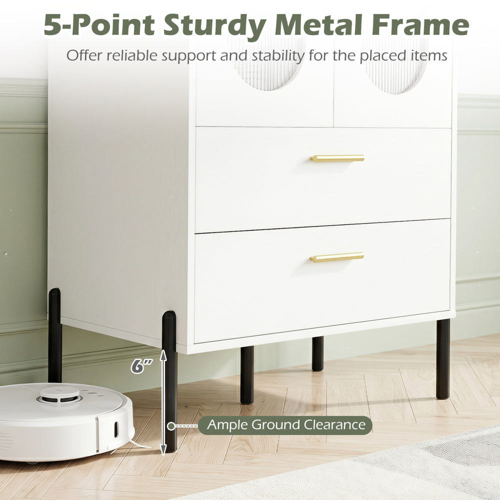 Modern sideboard buffet cabinet with fluted doors, featuring a sturdy metal frame and 6" ground clearance for easy cleaning.