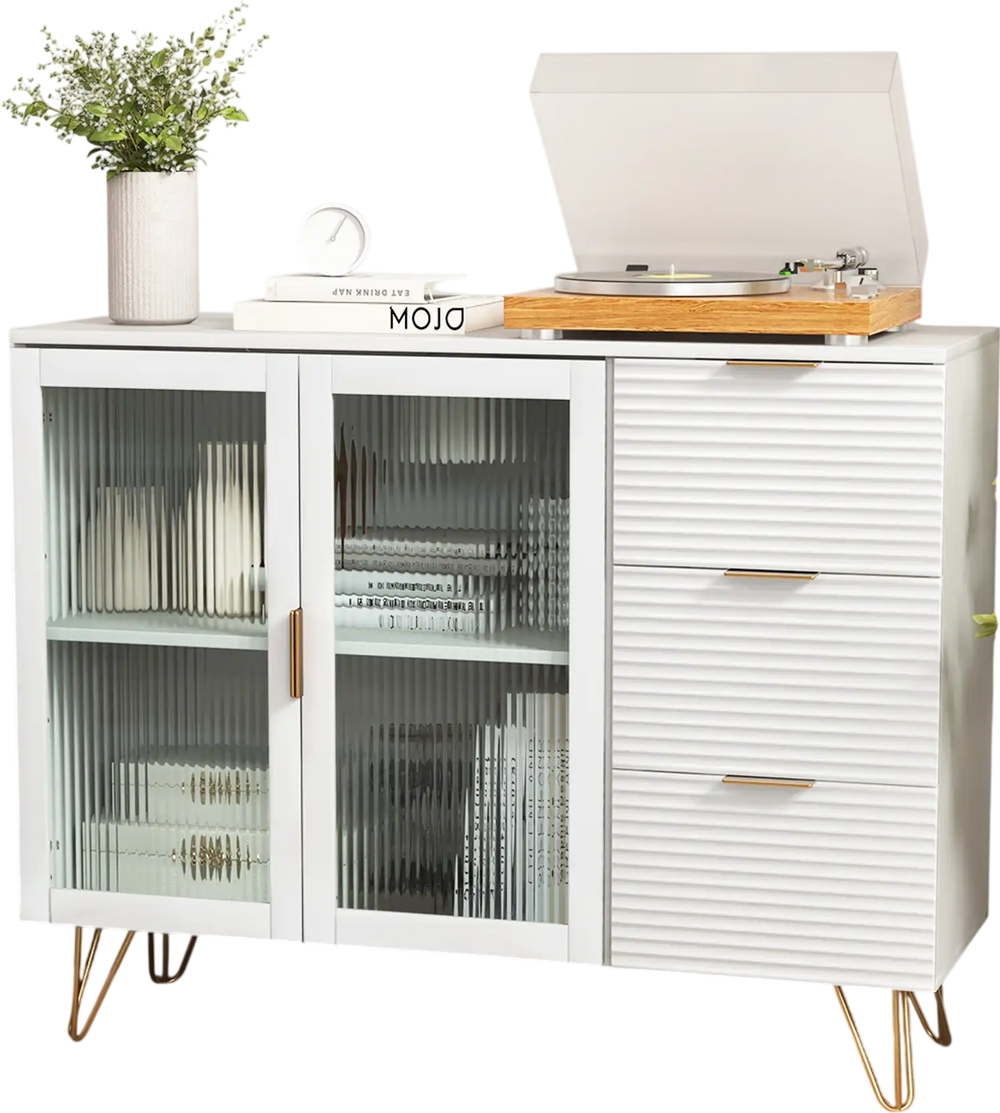 Modern sideboard buffet cabinet in white with gold legs, featuring a spacious countertop perfect for decor and.