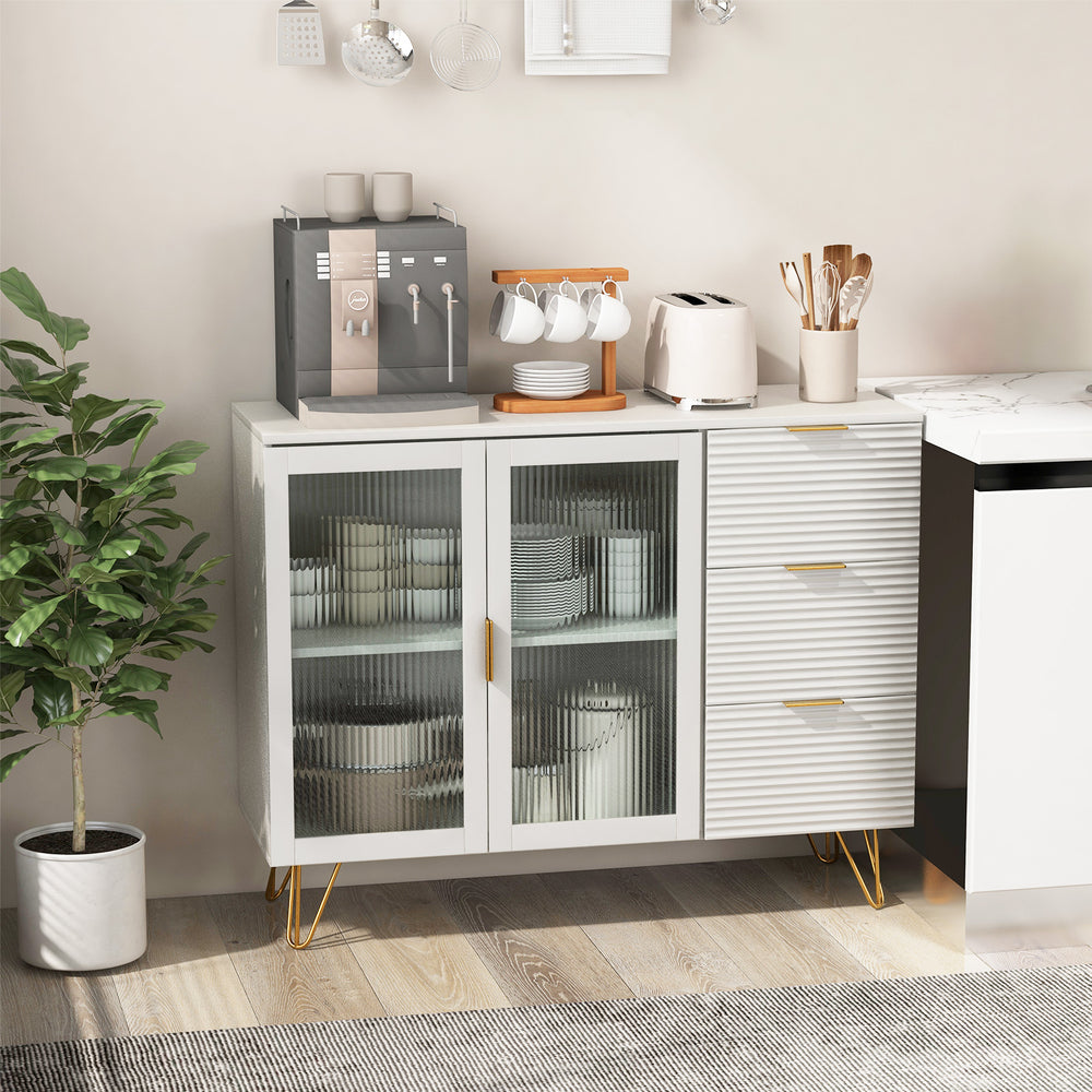 Modern sideboard buffet cabinet in white with gold legs, featuring 2 doors and 3 drawers for organized storage.