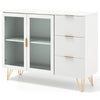 Modern sideboard buffet cabinet in white with gold legs, featuring 2 glass doors and 3 drawers for stylish storage.