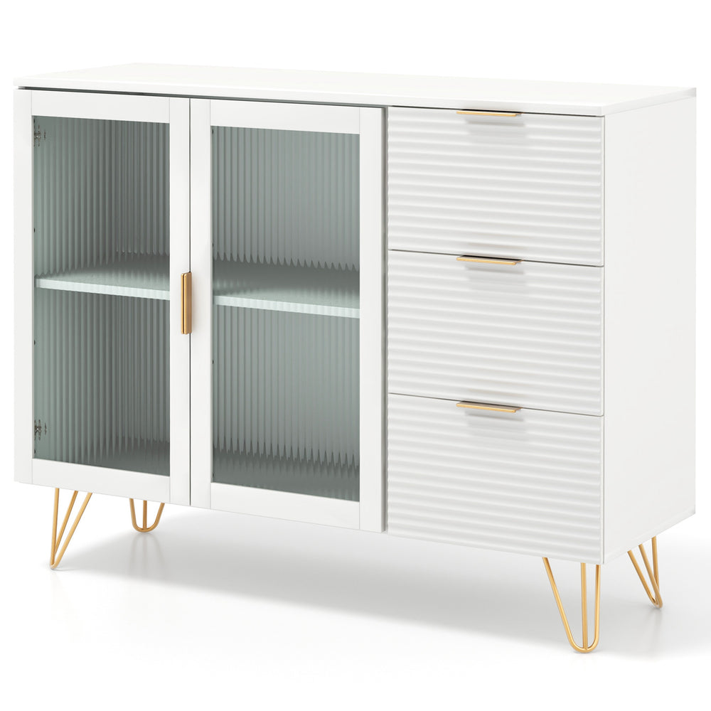 Modern sideboard buffet cabinet in white with gold legs, featuring 2 glass doors and 3 drawers for stylish storage.