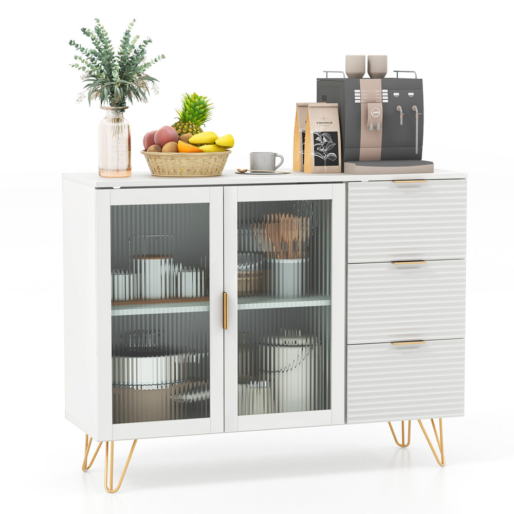 Modern sideboard buffet cabinet in white with gold legs, featuring 2 glass doors and 3 drawers for organized storage.