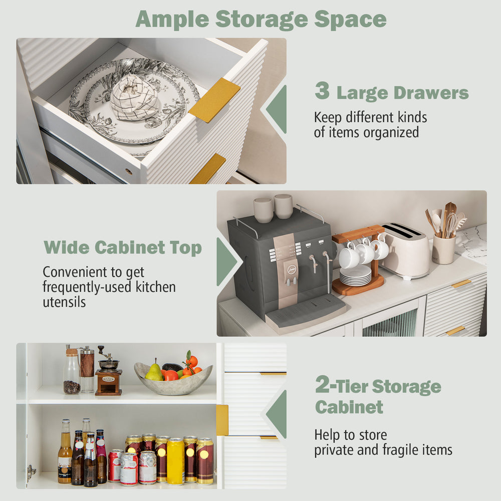 Modern sideboard buffet cabinet with 2 doors and 3 drawers, featuring a white finish and gold legs for stylish storage.