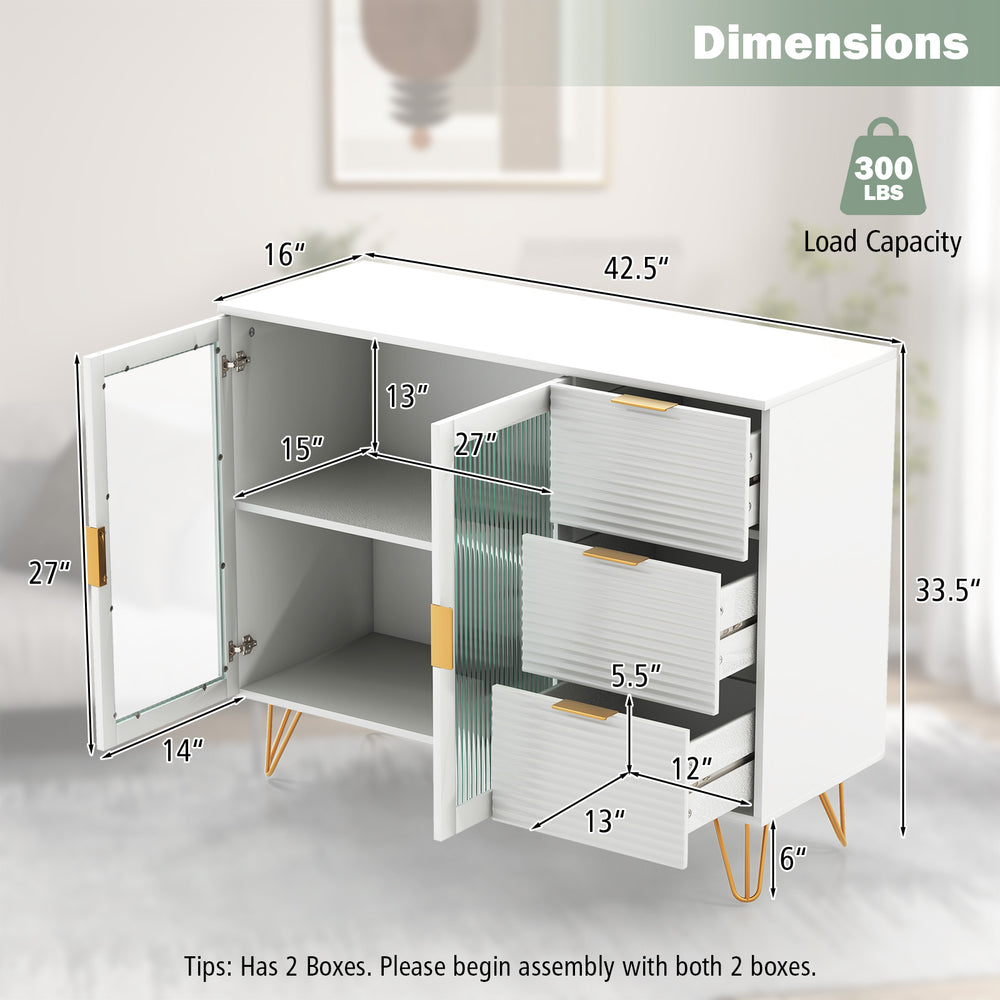 Modern sideboard buffet cabinet in white with gold legs, featuring 2 doors and 3 drawers for stylish storage.