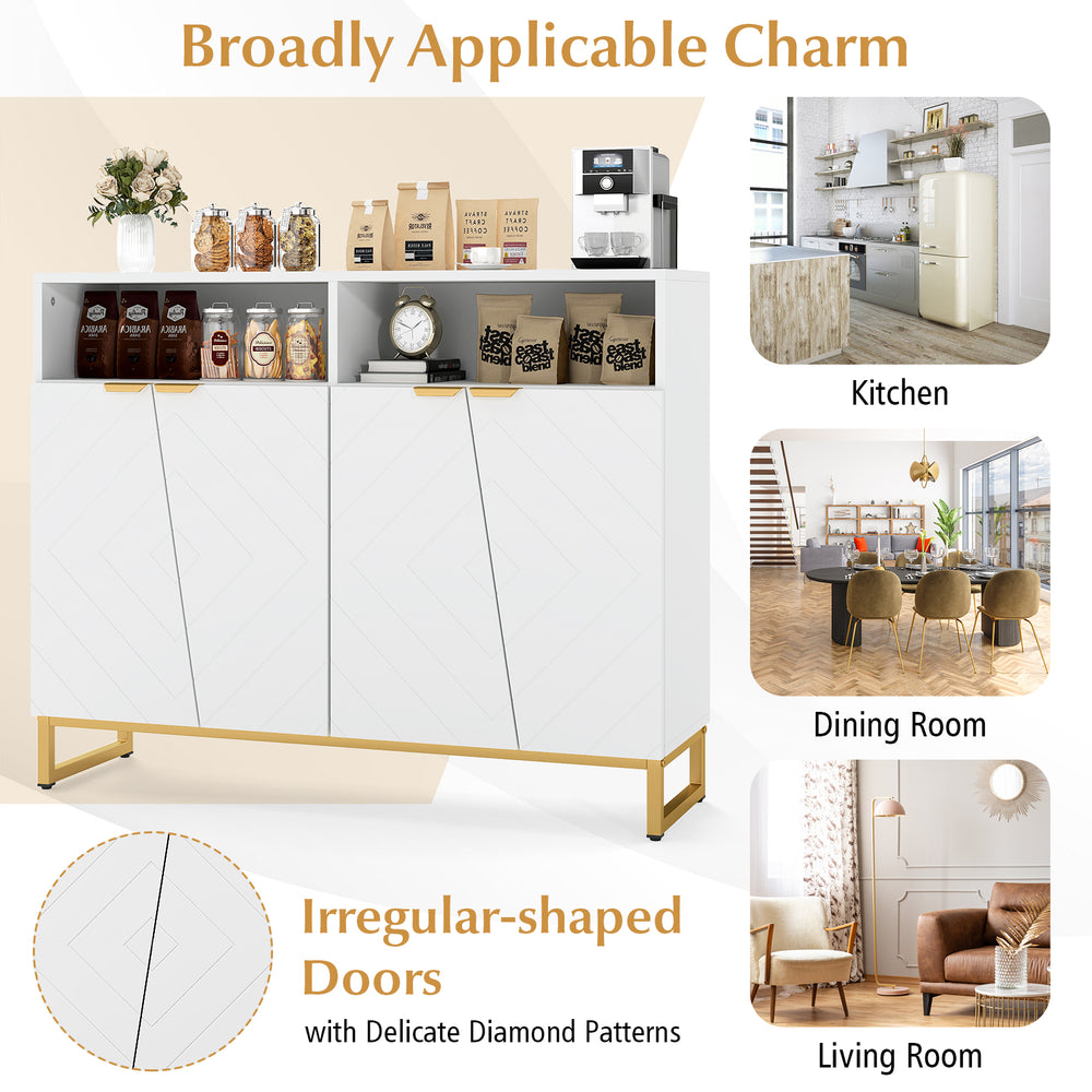 Modern sideboard cabinet in white with 4 doors, adjustable shelves, and metal legs for versatile storage in any room.
