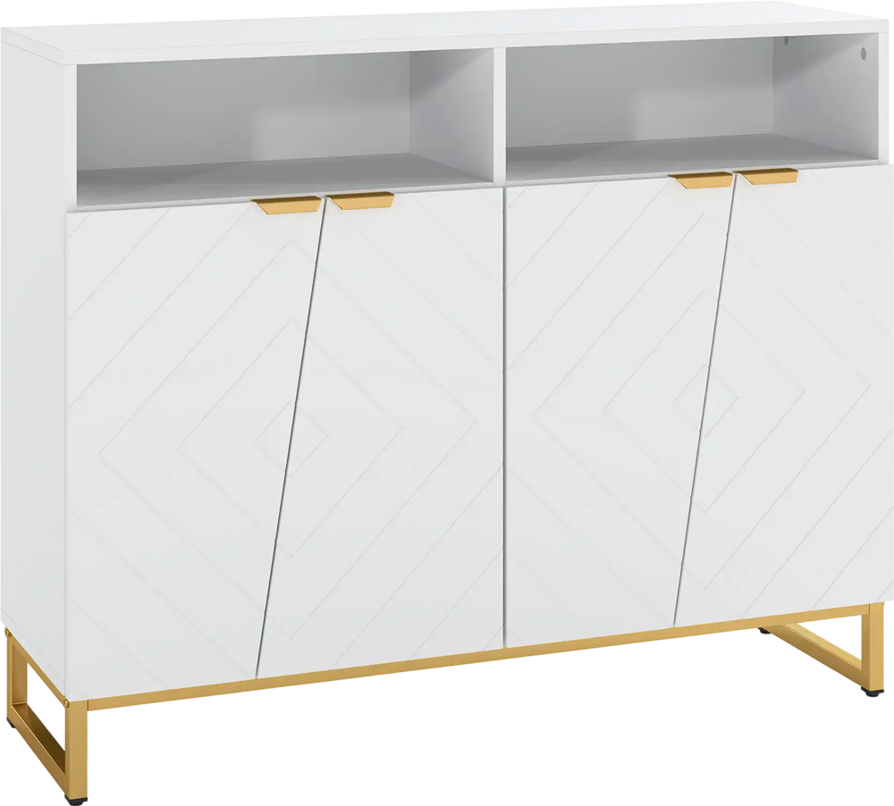 Modern sideboard cabinet in white with gold accents, featuring 4 doors, adjustable shelves, and ample storage space.