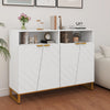 Modern sideboard cabinet in white with 4 doors, adjustable shelves, and gold metal legs for stylish storage in any room.