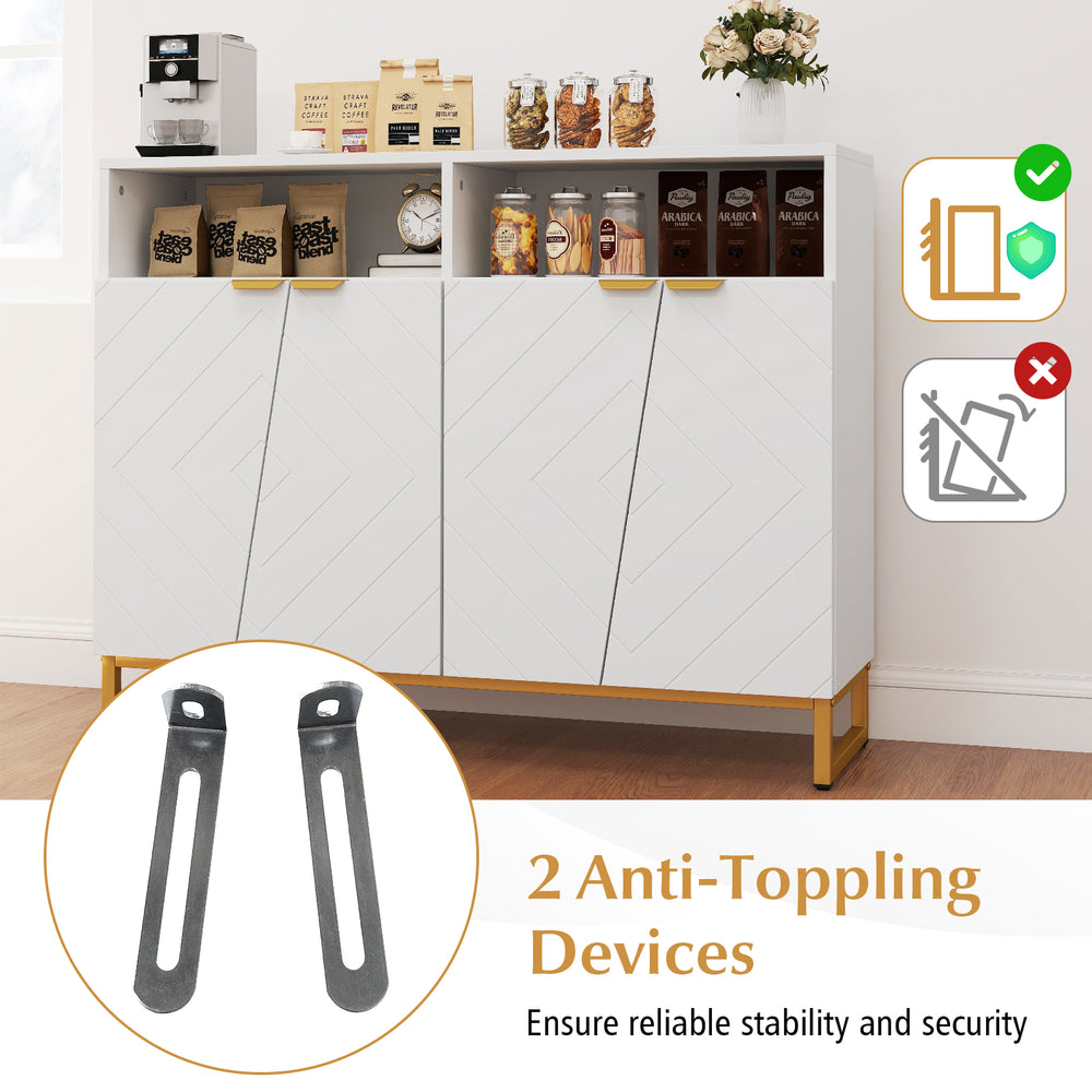Modern sideboard cabinet in white with 4 doors, adjustable shelves, and anti-tipping devices for added safety.