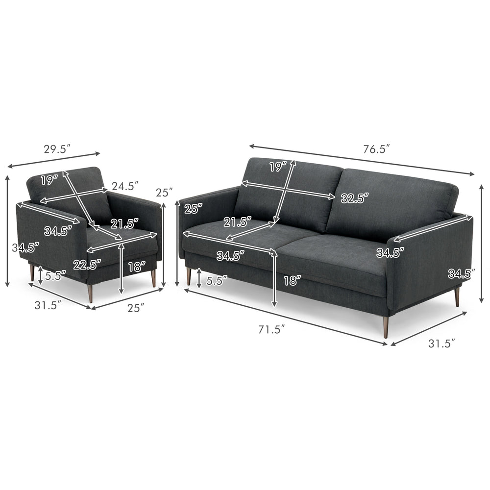 Modern gray sofa set with solid metal legs, featuring removable backrest cushions and ergonomic design for comfort.