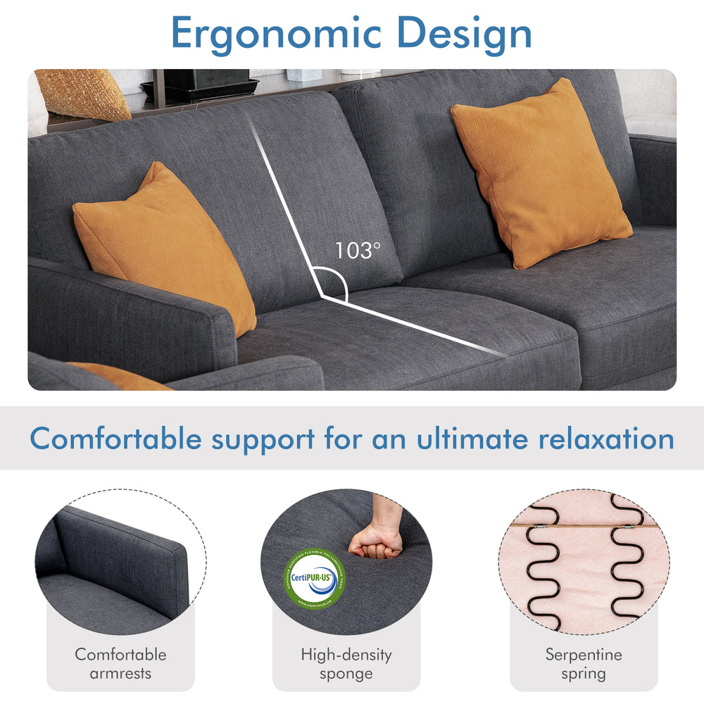 Modern gray sofa couch with removable backrest cushion and ergonomic design for ultimate comfort and support.