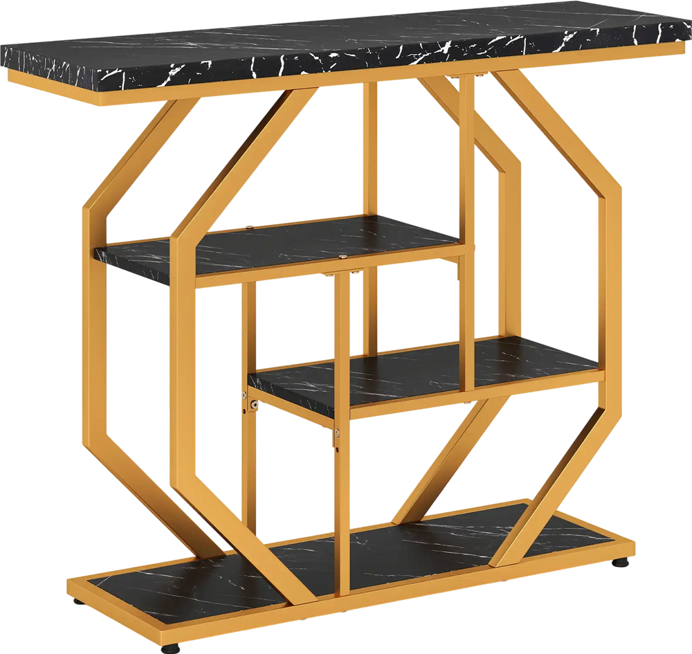 Modern 4-tier console table with faux marble tabletop and gold metal frame, perfect for living room or hallway.