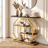 Modern 4-tier console table with black faux marble top and gold geometric frame, perfect for living room or hallway.