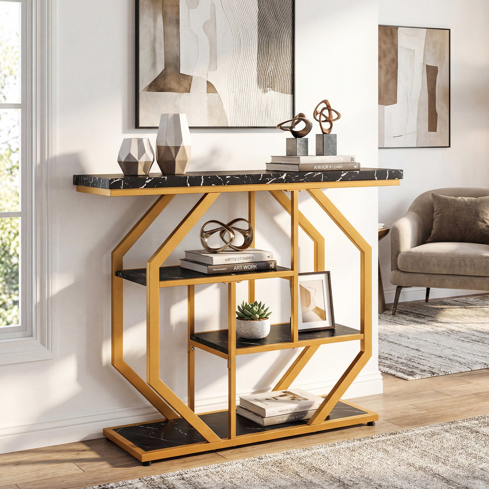 Modern 4-tier console table with faux marble tabletop and gold metal frame, ideal for living room or hallway.
