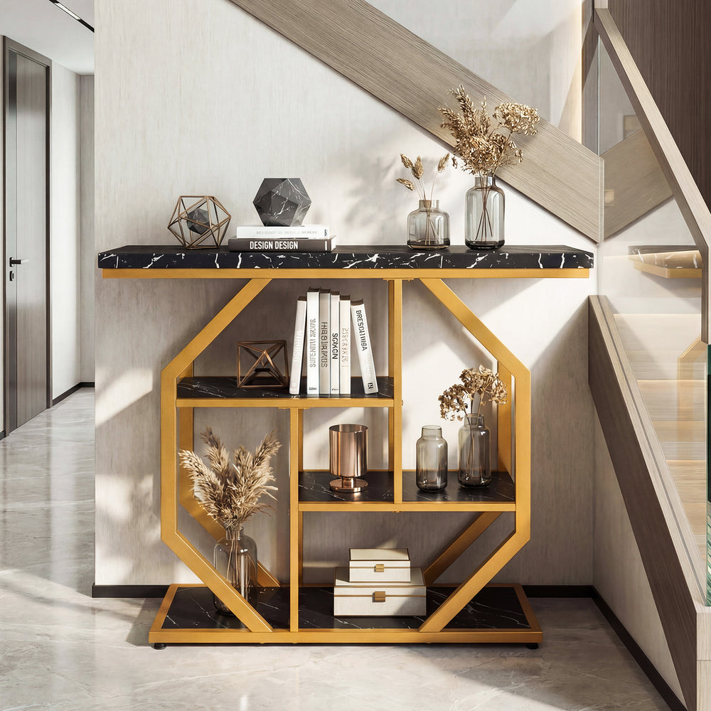 Modern 4-tier console table with faux marble tabletop and geometric design, perfect for hallway or living room.