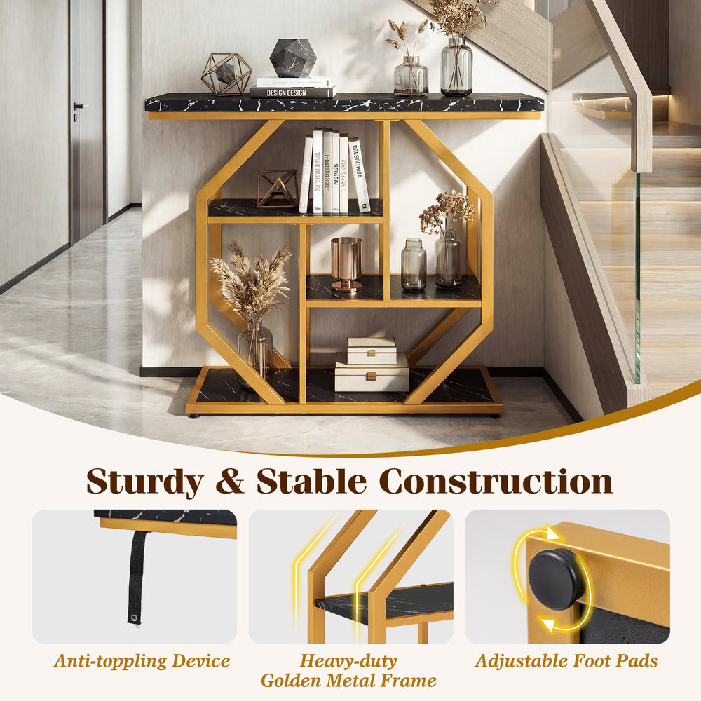 Modern 4-tier console table with faux marble tabletop and golden metal frame, perfect for hallway or living room.