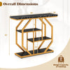 Detailed view of the modern console table showcasing the elegant black faux marble top with a gold geometric frame.