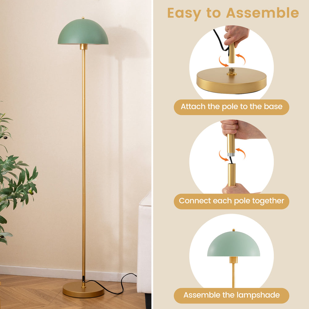 Modern standing lamp with adjustable lamp head, gold base, and foot switch, ideal for living room or bedroom use.