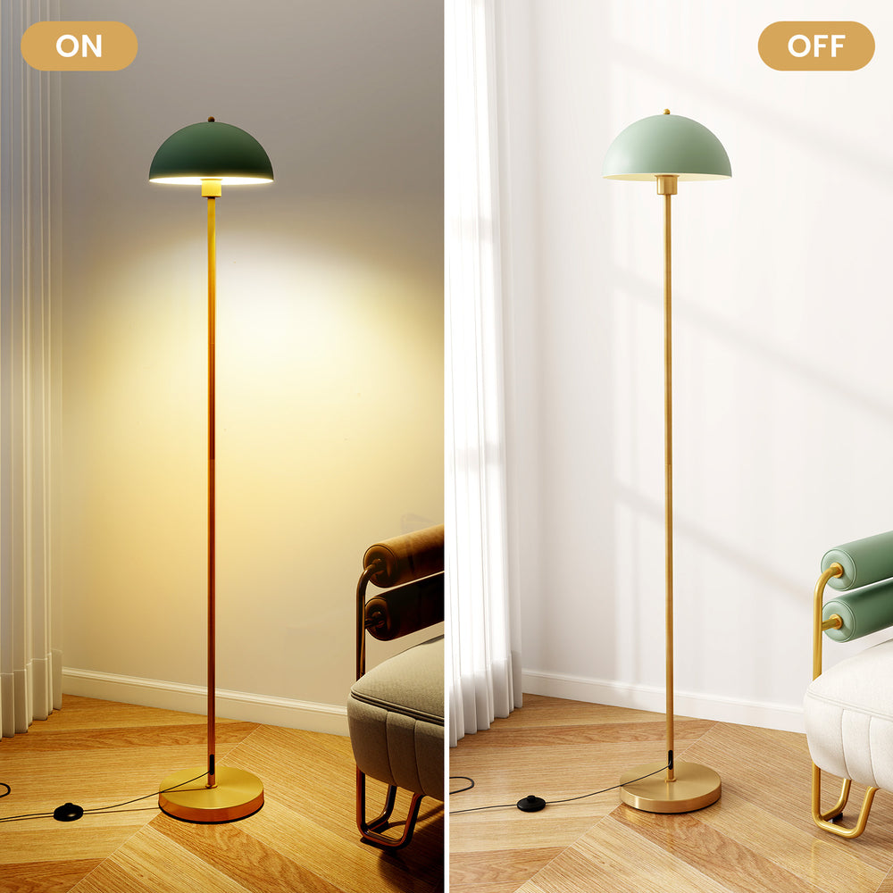 Modern standing lamp with adjustable head, gold base, and foot switch, ideal for living room or bedroom lighting.