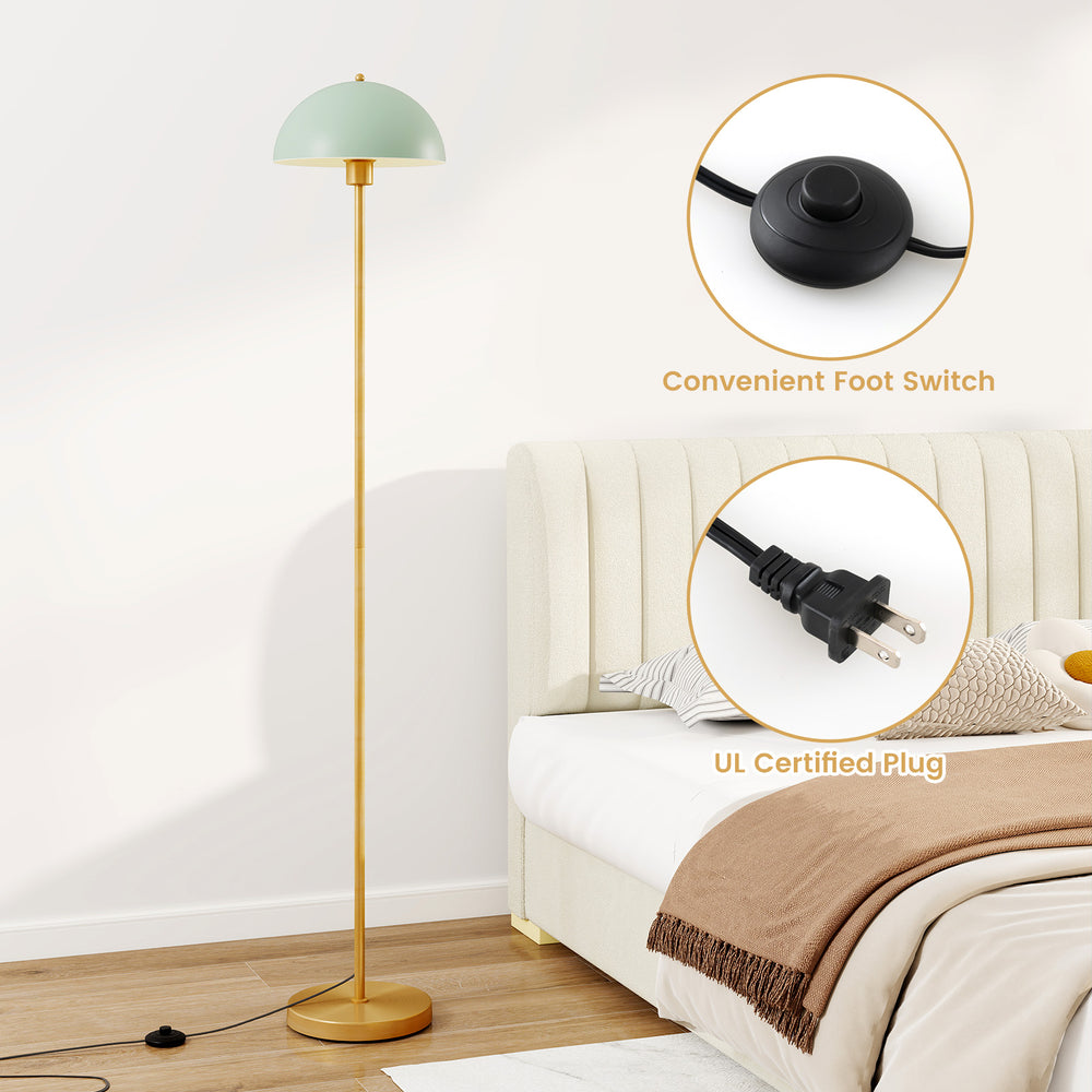 Modern standing lamp with adjustable head and foot switch, featuring a gold base and elegant shatterproof lampshade.