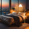 Modern standing lamp with pleated lampshade and adjustable head, perfect for elegant bedroom lighting.
