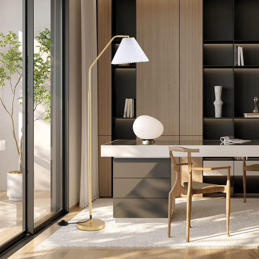Modern standing lamp with pleated lampshade and adjustable head, perfect for elegant lighting in living rooms or.