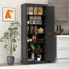 Black buffet cabinet with open doors revealing 6-tier shelves, perfect for stylish kitchen organization and modern.