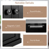 Close-up of the black buffet cabinet's round knobs and magnetic catch, showcasing durable construction and modern.