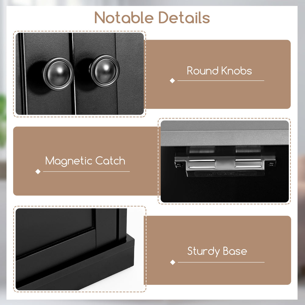 Close-up of the black buffet cabinet's round knobs and magnetic catch, showcasing durable construction and modern.