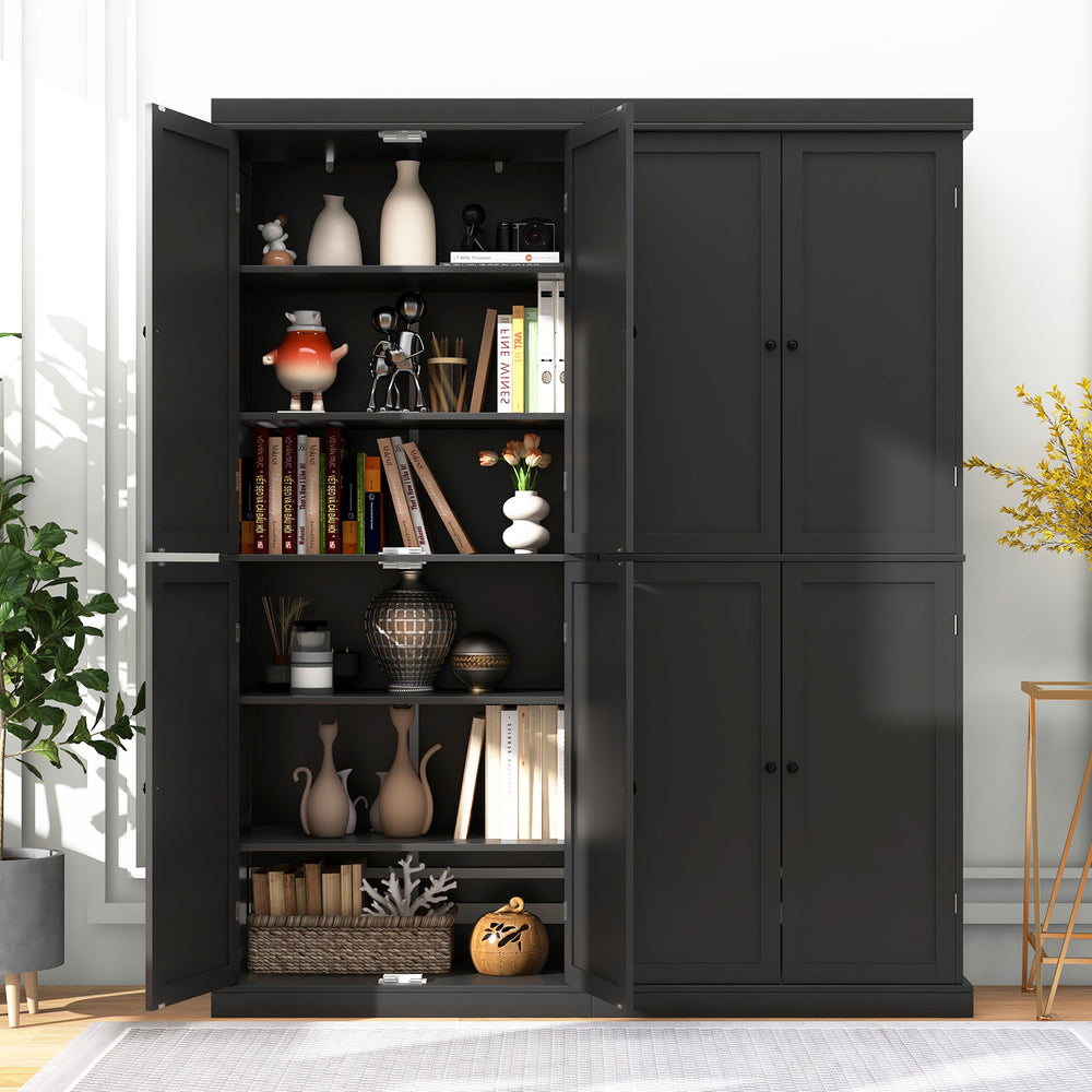 Black 72.5-inch tall buffet cabinet with 4 doors and 6 adjustable shelves for organized kitchen storage.