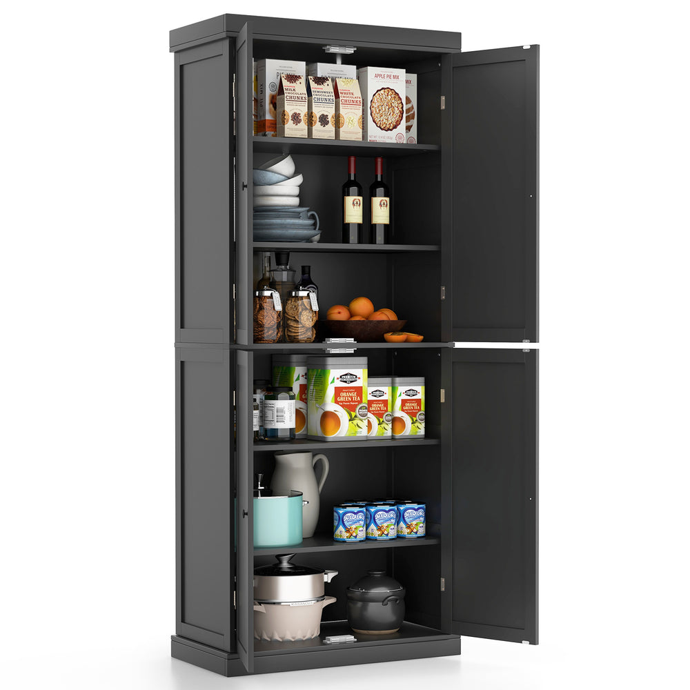 Interior view of the black buffet cabinet displaying 6-tier shelves filled with various kitchen supplies for organized.