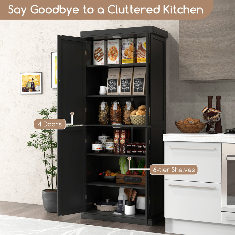Black 72.5-inch tall buffet cabinet with 4 doors and 6-tier shelves, ideal for organizing kitchen supplies.