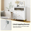 Chest of drawers with flip-up fluted glass door, gray finish, featuring 3 drawers and 2 cabinets for versatile storage.