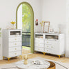 Chest of drawers in gray with fluted glass door, showcasing unique inclined drawer fronts and sturdy metal legs for.