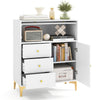 Chest of drawers with fluted glass door and inclined drawer fronts, featuring elegant gold knobs and sturdy metal legs.