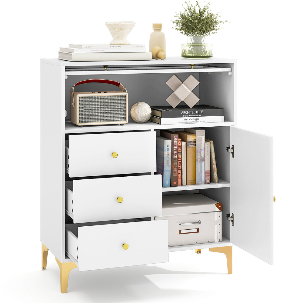 Chest of drawers with fluted glass door and inclined drawer fronts, featuring elegant gold knobs and sturdy metal legs.