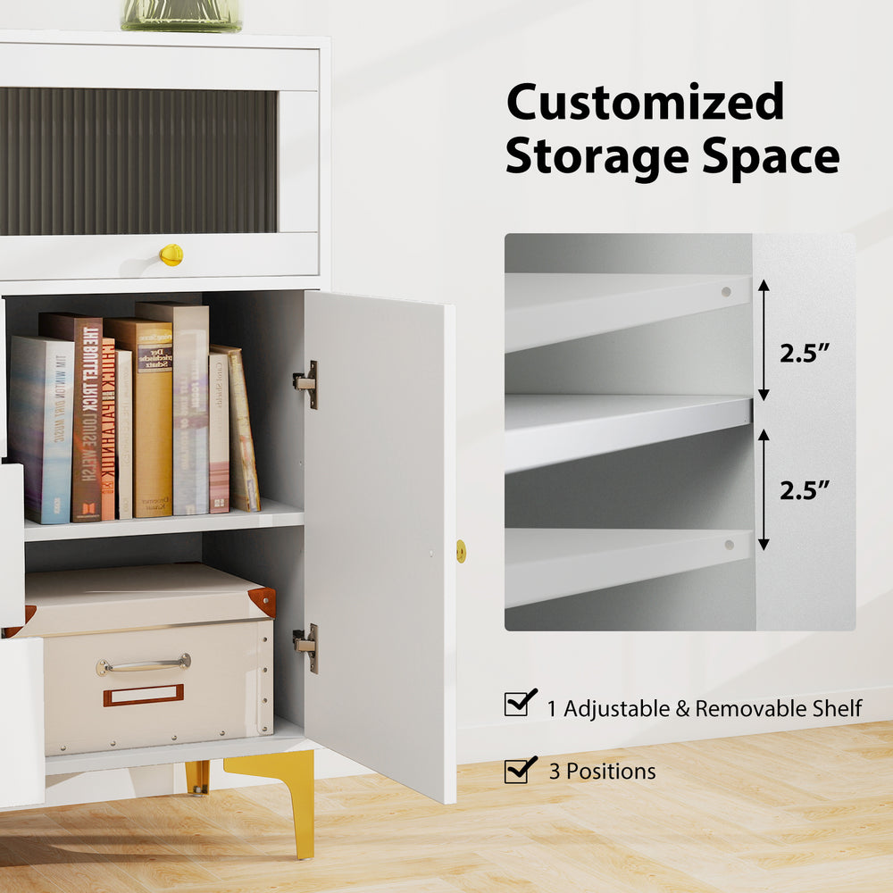 Customized storage space with adjustable shelf in gray chest of drawers featuring flip-up fluted glass door for.
