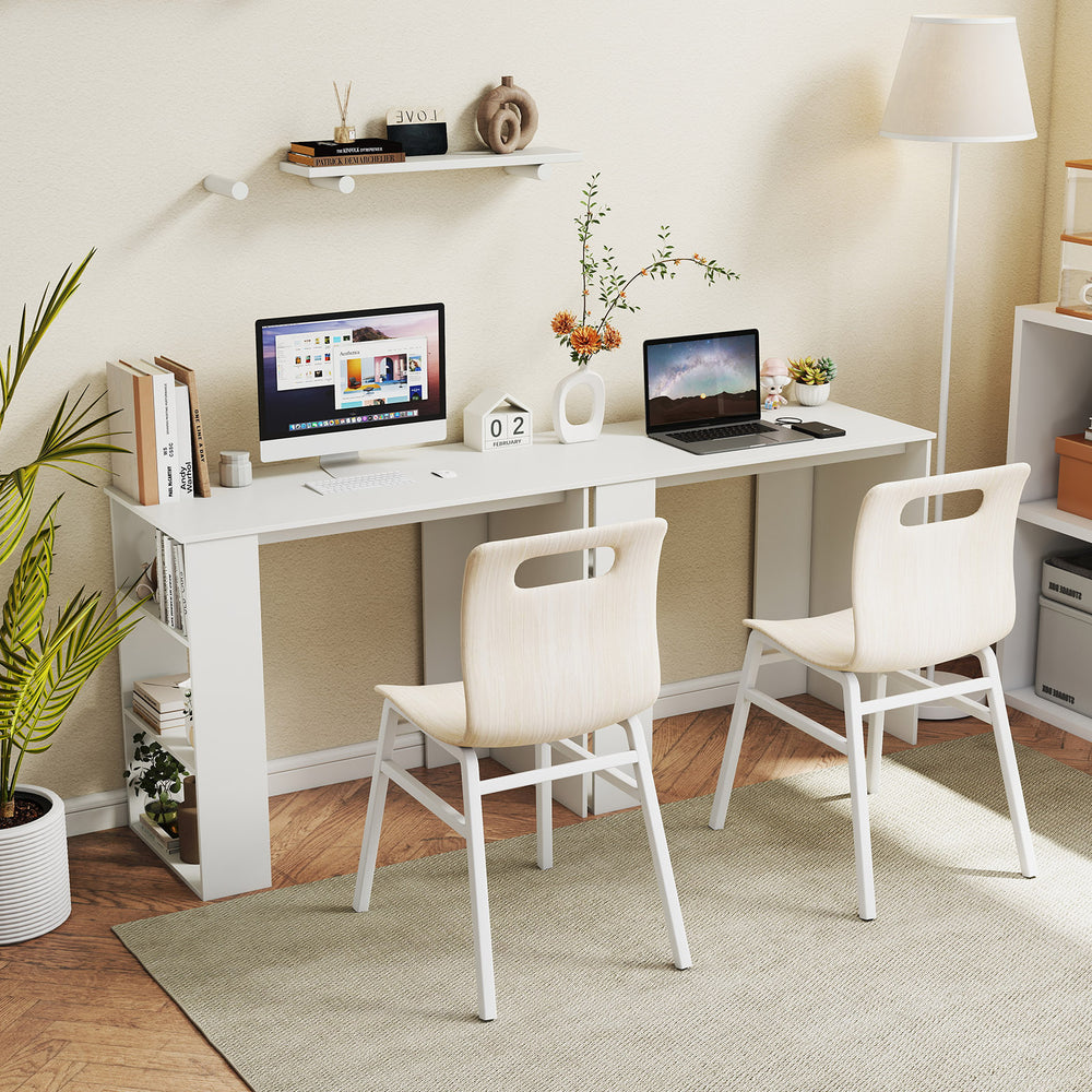 Compact white computer desk with side bookshelf, perfect for small spaces, ideal for home office or study use.