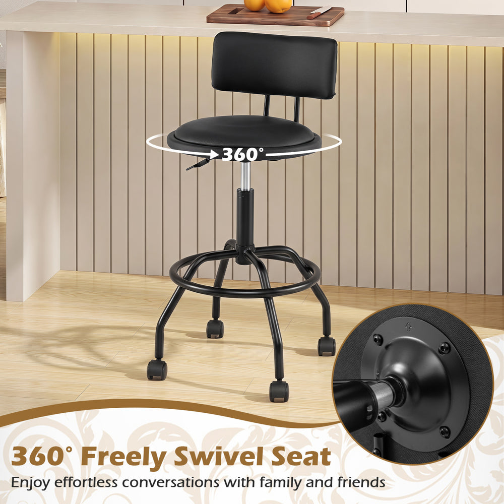Modern black swivel bar stool with adjustable height, backrest, and wheels, perfect for kitchen islands or bar tables.