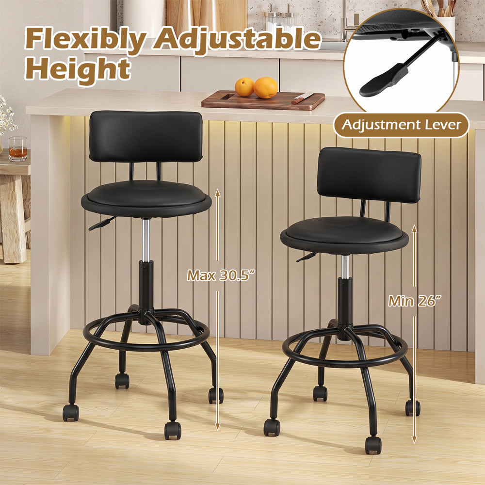 Modern swivel height adjustable bar stool in black with backrest, featuring a 26"-30.5" adjustable height for versatile seating.