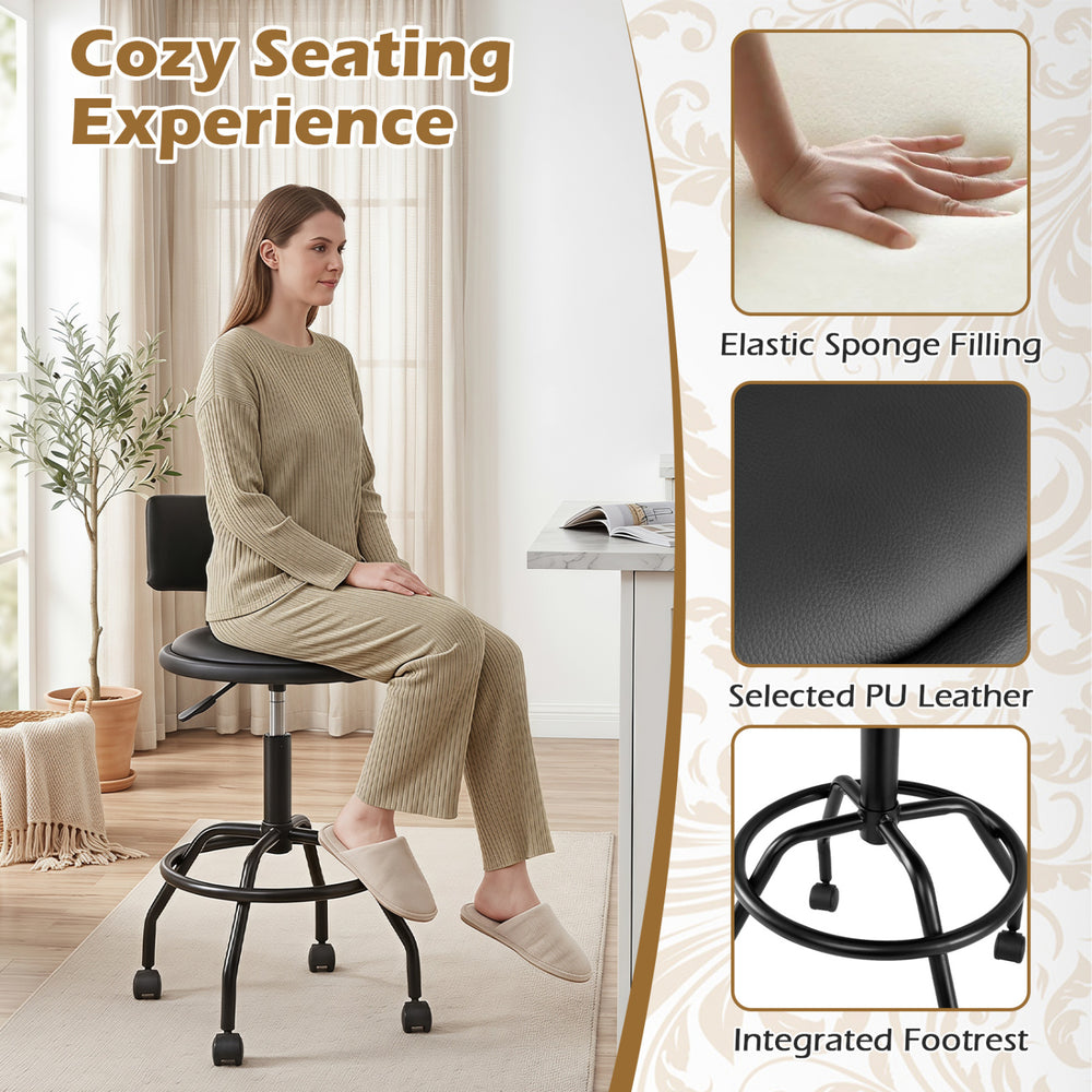 Modern swivel bar stool with backrest, adjustable height, PU leather, and integrated footrest for kitchen islands.