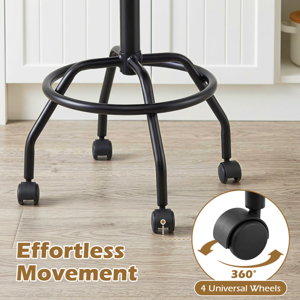 The black modern swivel bar stool features a height adjustable design, ergonomic backrest, and 360° rotation for versatile seating.