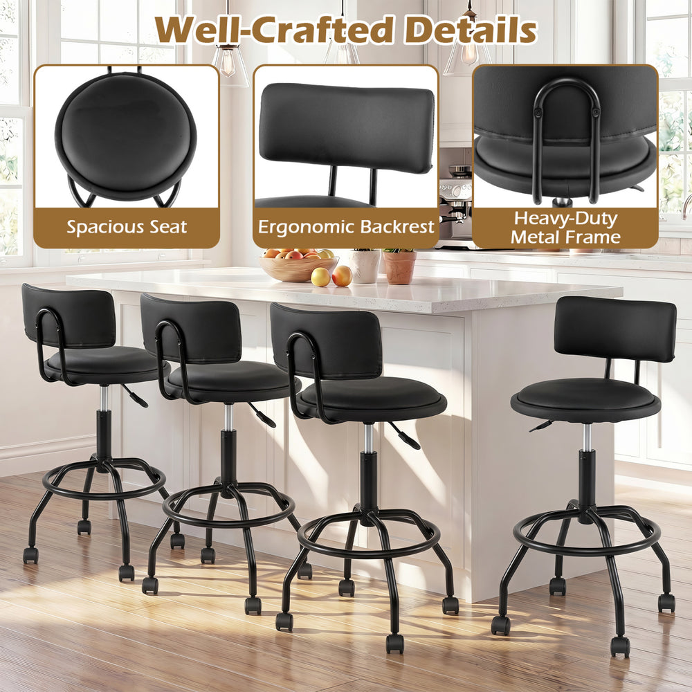 Modern black swivel bar stool with adjustable height, ergonomic backrest, and heavy-duty metal frame for kitchen islands.