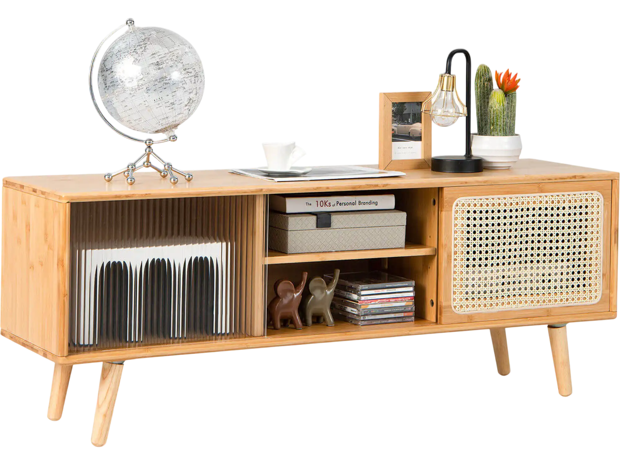 Costway Modern TV Stand Rattan Glass Sliding Doors Natural 78415263 New