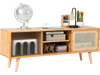 Modern TV stand showcasing a natural bamboo finish, rattan accents, and a spacious tabletop for decorative displays.