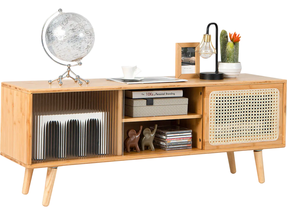Modern TV stand showcasing a natural bamboo finish, rattan accents, and a spacious tabletop for decorative displays.