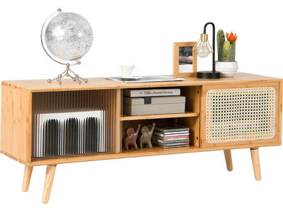 Costway Modern TV Stand Rattan Glass Sliding Doors Natural 78415263 New