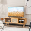 Modern TV stand in natural bamboo with rattan sliding doors, featuring adjustable shelves and cable management for.