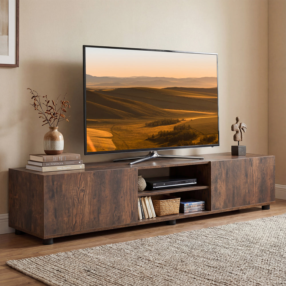 Modern TV Stand for up to 70" TVs Minimalist Entertainment Center with 2 Doors and Open Shelves-Rustic Brown - Gallery View 1 of 9