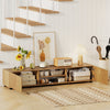Modern TV stand in natural finish with open shelves and side cabinets, perfect for organizing entertainment essentials.