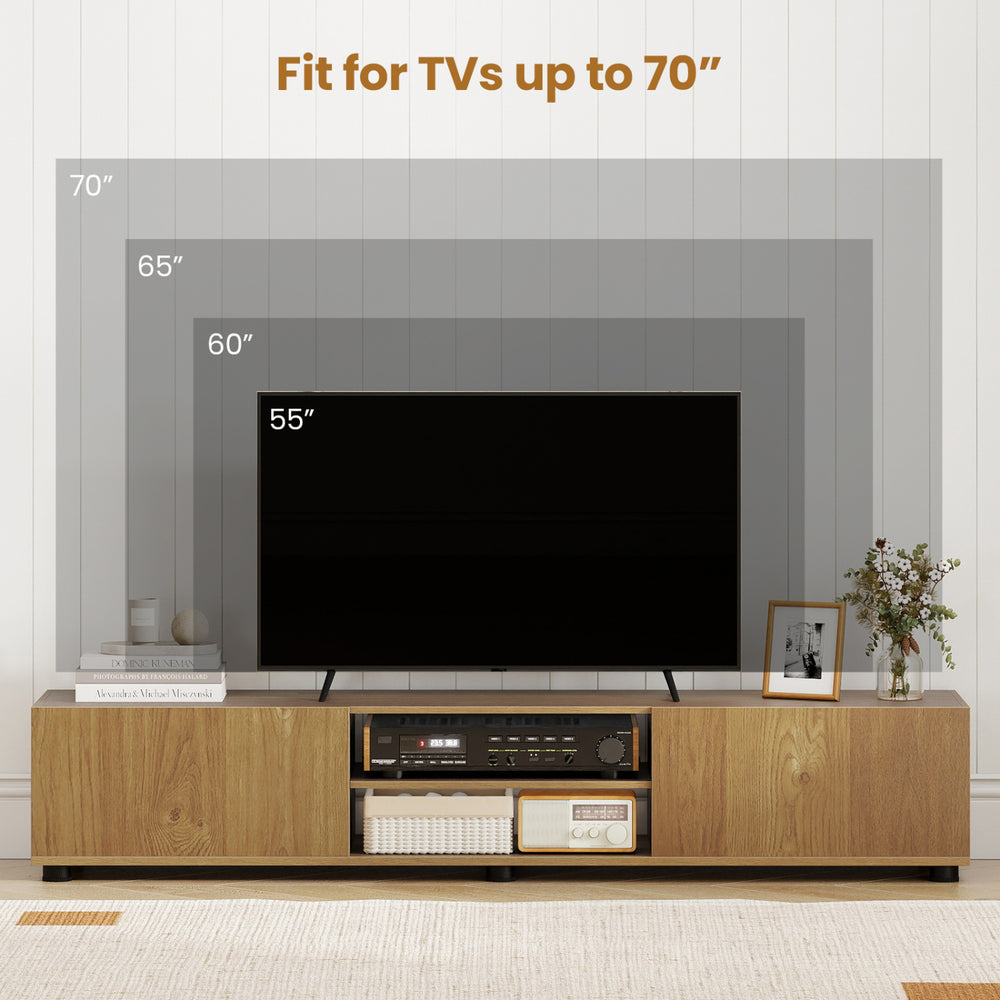 Modern TV stand designed for TVs up to 70", featuring two doors, open shelves, and a natural wood finish.